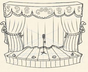 a drawing of a stage with curtains and a microphone