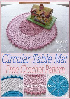 the circular table mat is crocheted and has three different designs on it, including one