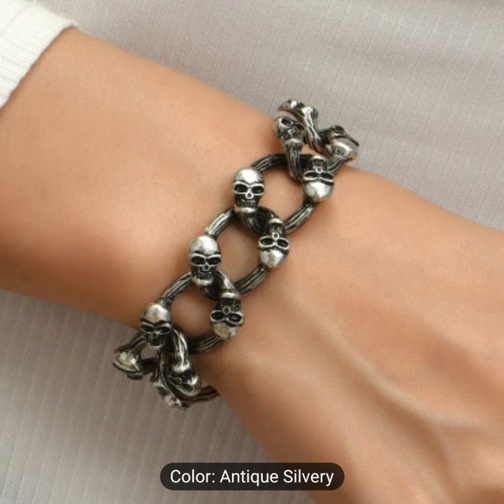 Silver Color Gothic Style Skull Bracelet Hand Decoration Accessories Gift Halloween Party Favors. Unique Skull Design Adds A Touch Of Edginess To Any Outfit. Made With High-Quality Material Silver Color Material For Durability And Long-Lasting Wear. It's A Little Bit Heavyweight, Is Matel Material. Grunge Style Silver Bracelet For Festival, Casual Skull Jewelry For Halloween, Gothic Skull Print Bracelets As Gift, Halloween Punk Skull Bracelets, Silver Skull Print Bracelets As A Gift, Halloween Skull Bracelets With Skull Print, Edgy Bracelets For Halloween Gift, Halloween Skull Print Bracelet Gift, Silver Grunge Bracelets For Festival