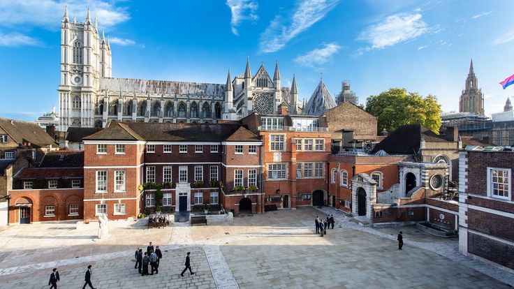 an aerial view of the courtyard and buildings in york, england with people walking around