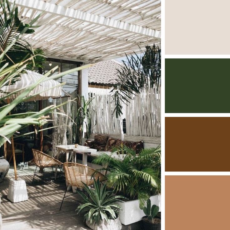 the interior of a house with plants in pots and chairs on the outside, along with an awning