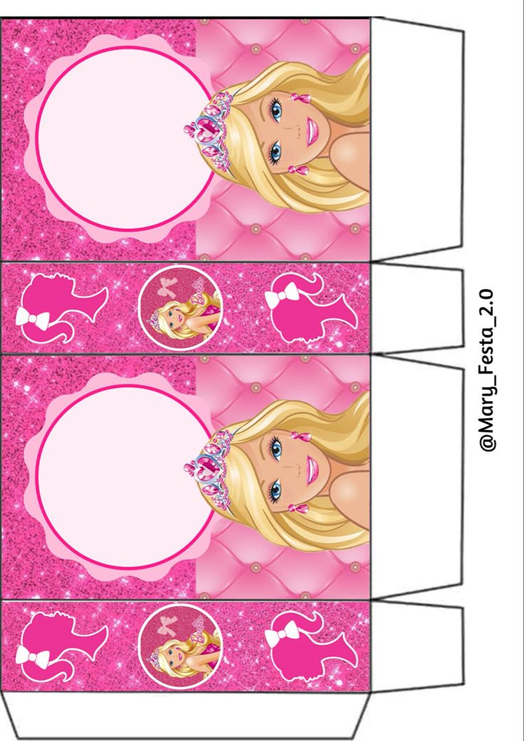 a pink box with a barbie doll on the front and side, cut out to look like