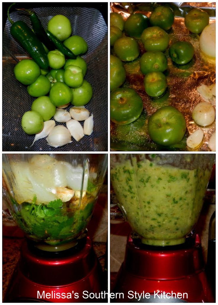 there are four pictures of green vegetables in the blender