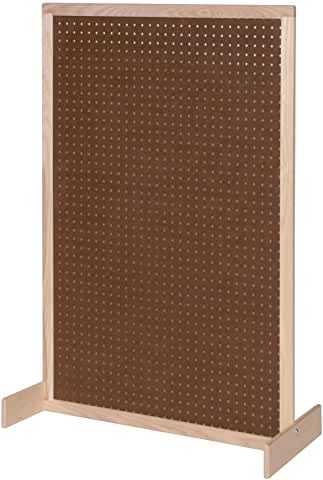 a wooden peg board with holes on the front and back sides, mounted against a white background