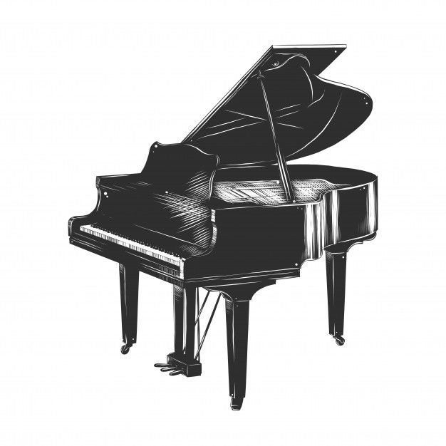 a black and white drawing of a grand piano