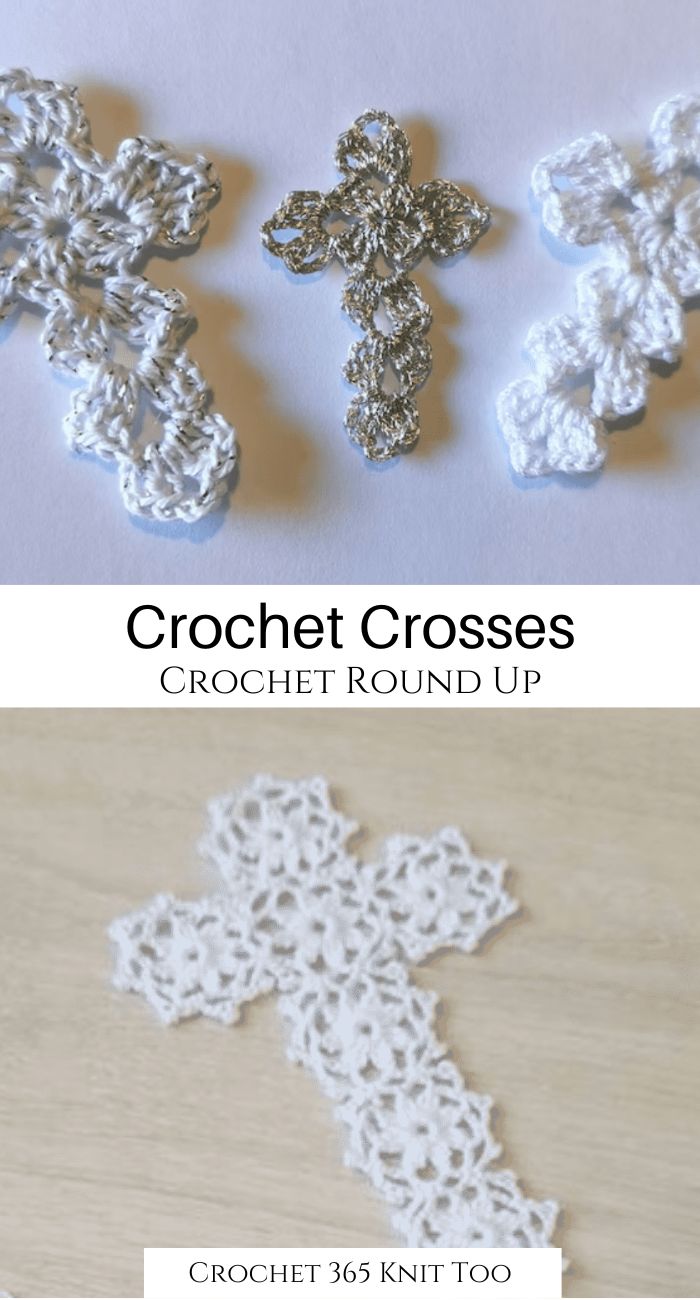 crochet crosses are shown in three different sizes