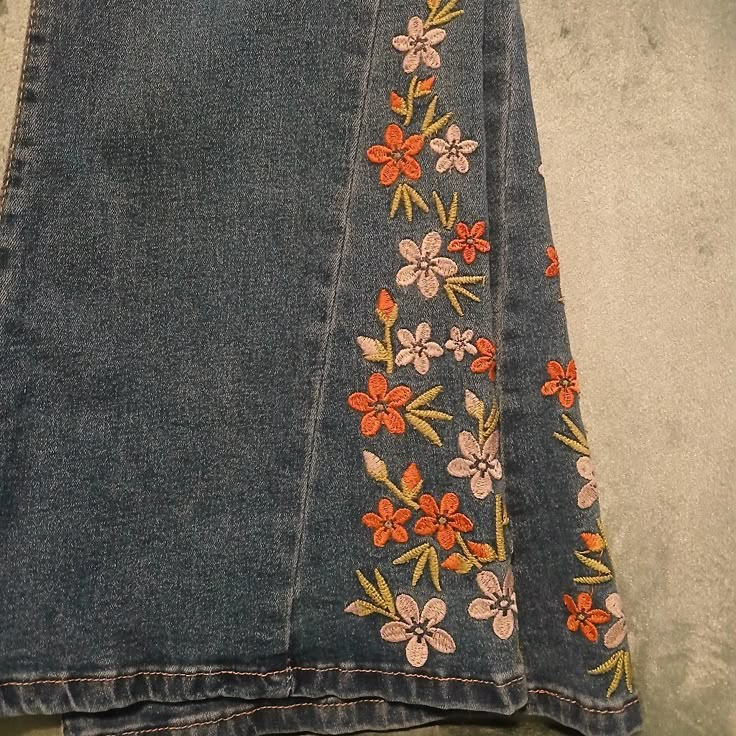 Embroidered Flare Jeans. High Rise, New With Tags. Embroidered Bell Bottom Jeans, Embroidered Flared Jeans, Flare Jeans With Lace, 70s Embroidery Jeans, Embroidered Jeans Aesthetic, Embroidered Flare Jeans, Pant Embroidery Design, Flowy Jeans, Mushroom Jeans