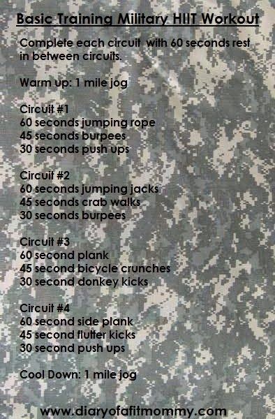 Complete each circuit as directed with 60 seconds rest in between circuits. Warm up: 1 mile jog Circuit #1 60 seconds jumping rope ... Army Basic Training, Army Workout, Military Workout, Basic Training, Nutrition Drinks, Mommy Workout, Michelle Lewin, Military Training, Trening Abs