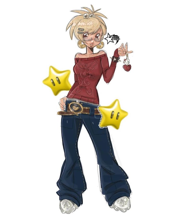 a drawing of a woman with blonde hair holding two star shaped objects in her hands