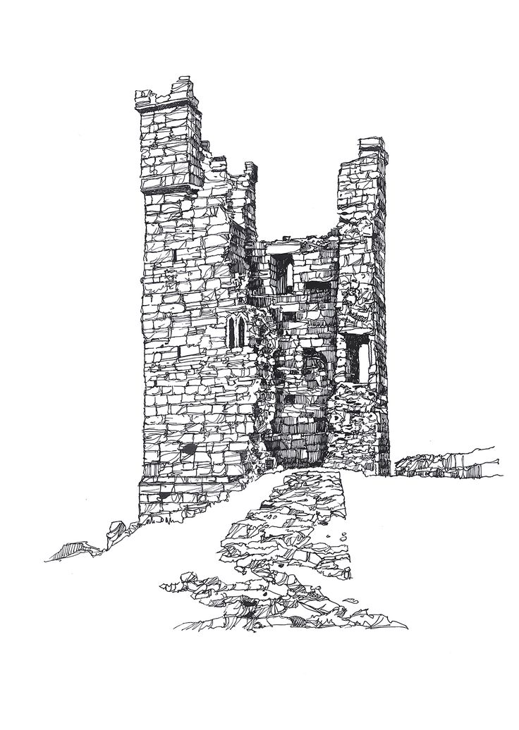 an ink drawing of a castle on a hill with stairs leading up to the door