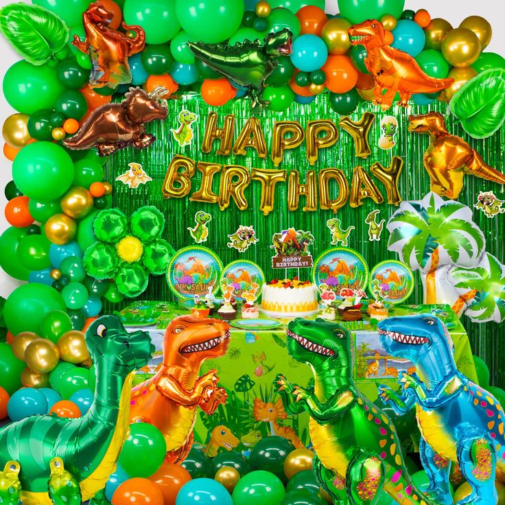 PRICES MAY VARY. 【Dinosaur Supplies Set】- HJINGY dinosaur party supplies contain 135*balloons(gold,deep green,soft green,fruit green,orange),4*large dinosaur balloons,5*small dinosaur balloons,1*big coconut tree balloon,1*green flower balloon,2*turtleback leaf balloons,1*HAPPY BIRTHDAY banner balloon, 2*rain curtains,1*tablecloth,1*cake topper, 27*cupcake toppers,10*knives,10*forks,10*spoons,20*napkins,10*7-inch plates,10*9-inch plates,50*dinosaur stickers,1*dot glue,1*balloon chain,1*balloon kn Dinosaur Birthday Decorations, Dinosaur Party Decorations, Dinosaur Birthday Party Decorations, Dinosaur Balloons, Decoration Birthday Party, Dinosaur Themed Birthday Party, Birthday Party Set, Dinosaur Theme Party, Party Deco