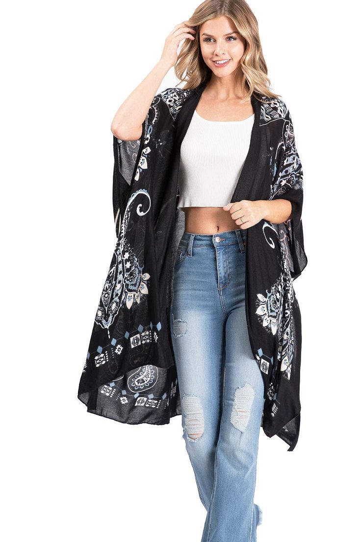 Printed lightweight cardigan, with split on sides and an open front style with an asymmetrical length. Dropped?sleeves and sheer fabric. Looks great layered over casual outfits. CARE | Hand Wash ColdCONTENTS | 100% ViscoseMEASUREMENTS | 38"/96 cm Top to Bottom (Size O/S) MODEL | 5'8 - wearing O/SIMPORTED Boho Fashion Summer, Lightweight Cardigan, Swimwear Cover Ups, Sheer Fabric, Boho Summer, About Love, Swimwear Fashion, Sheer Fabrics, S Models