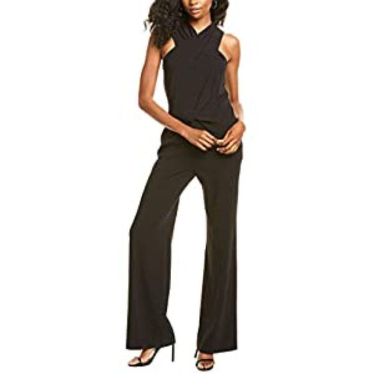 95% Polyester, 5% Spandex Zipper Closure Sleeveless Wrap Neck Jumpsuit Sleeveless Elastane Jumpsuit For Evening, Black Elastane Jumpsuit For Work, Black Elastane Jumpsuits And Rompers For Work, Black Elastane Jumpsuits For Workwear, Formal Sleeveless Elastane Jumpsuits And Rompers, Sleeveless Sleek Evening Pantsuit, Sleek Sleeveless Jumpsuits And Rompers For Work, Black Fitted Sleeveless Pantsuit, Sleek Sleeveless Jumpsuit For Work