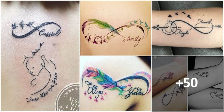 four different tattoos with the names of two people and one has an arrow on it