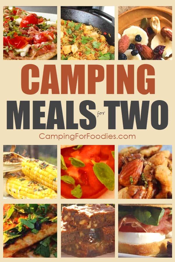 the cover of camping meals for two with pictures of different foods and vegetables on it