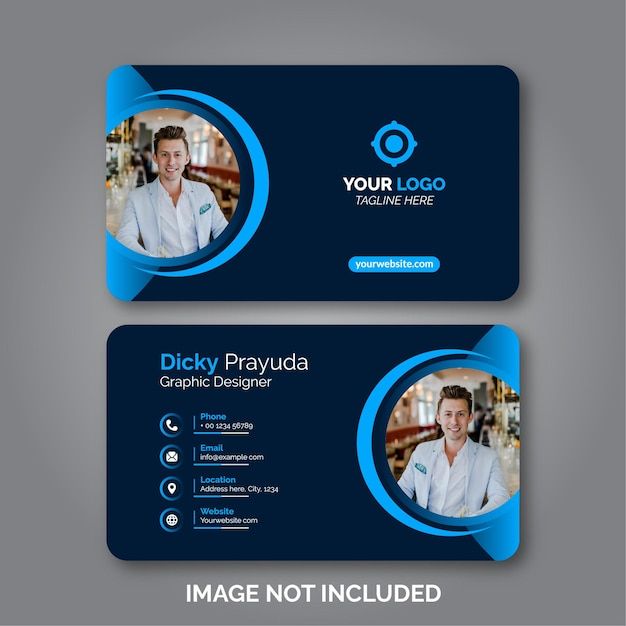 two blue business cards with an image of a man on the front and back side