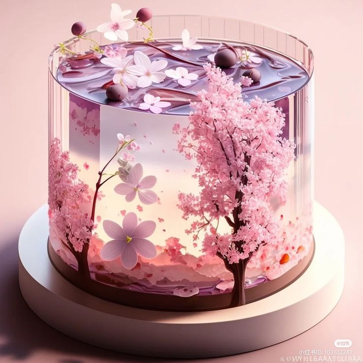 a cake decorated with pink flowers and butterflies on a white plate in front of a pink background