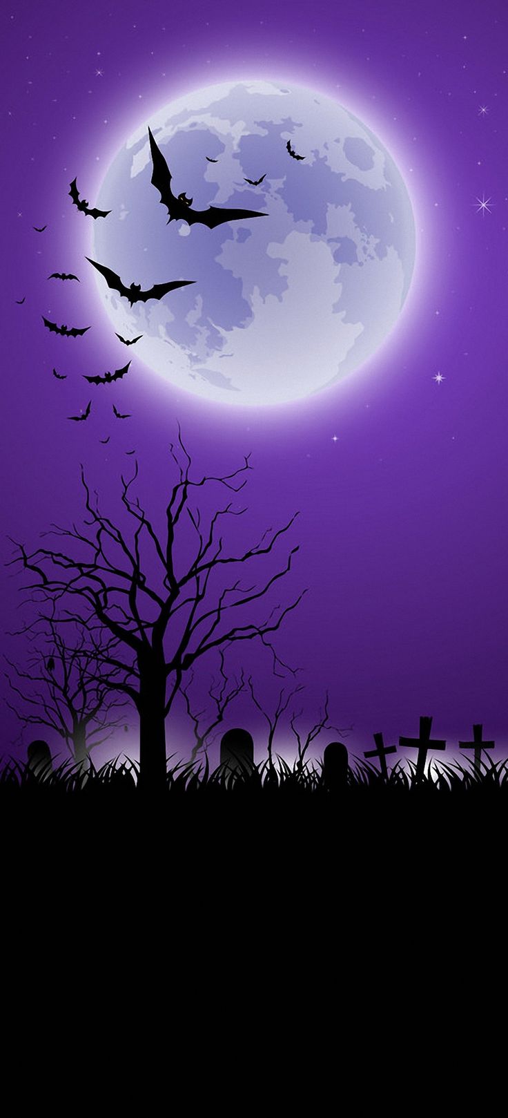 a full moon with bats flying in the sky over a graveyard and cemetery tombstones