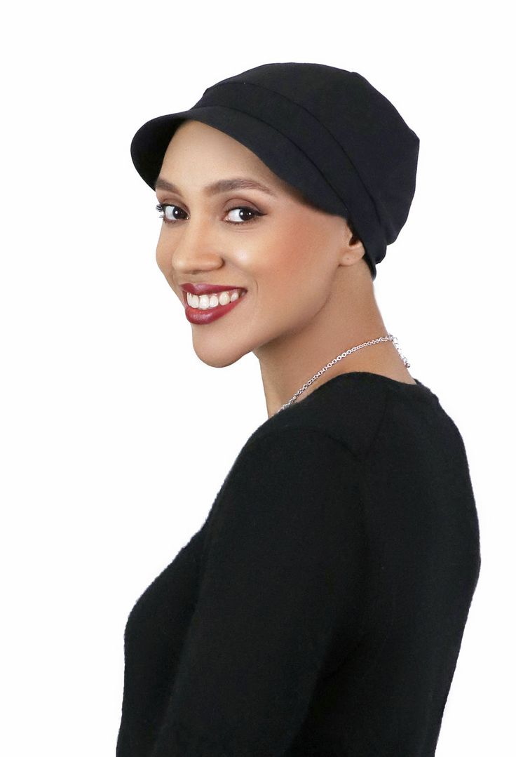 Our Whimsy Sport is the same great hat as our customer favorite Whimsy Soft Cotton Hat for Women, without the flower. A perfect hat for chemo patients and women with medical hair loss. Independently tested and certified 50+ UPF for maximum sun protection on tender bald heads. Full coverage over the ears and neckline. Soft, stretchy cotton spandex blend for all-day comfort and a secure fit that will not slip on a bald head. Weighing a mere 1.2 ounces, this light-weight cotton hat is our upscale v Lightweight Beanie Hat, Lightweight Black Hat With Upf 50+, Cute Baseball Caps, Chemo Headwear, Summer Hats For Women, Chemo Hat, Bald Heads, Bald Head, Hat For Women