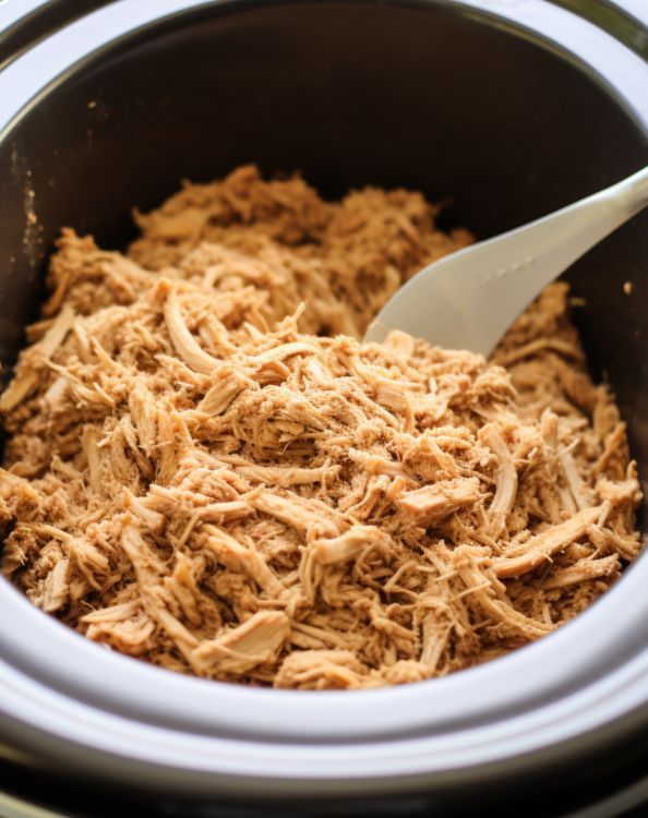 the food is being cooked in the crock pot with a spoon inside it and ready to be put into the slow cooker