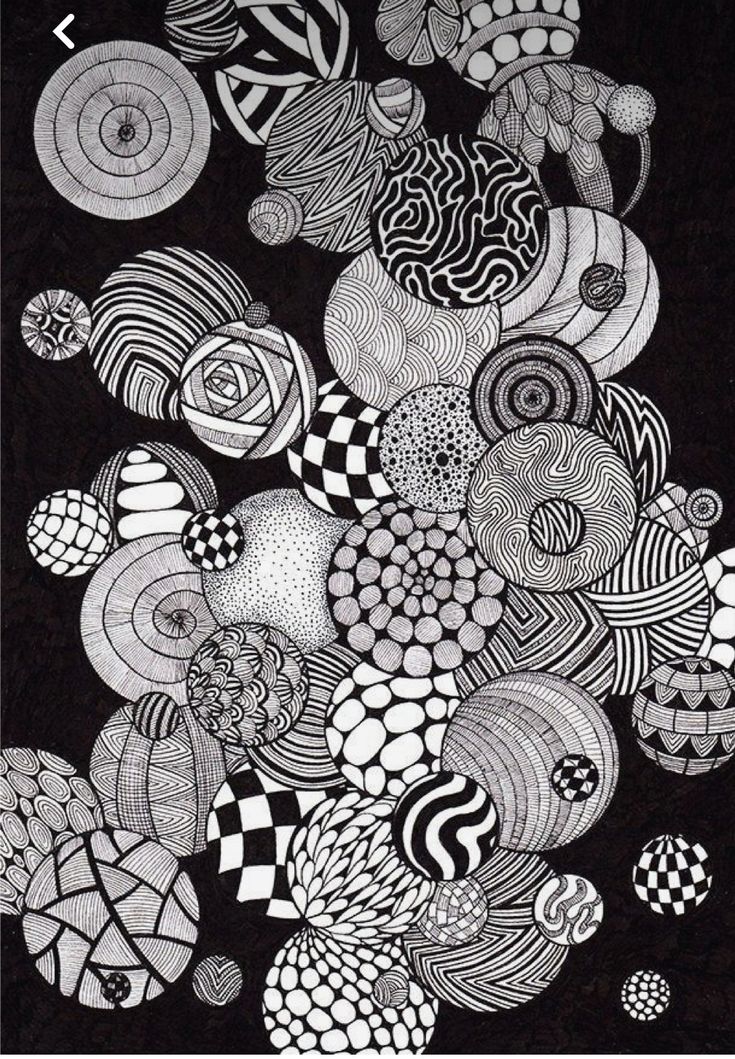 black and white artwork with lots of different shapes