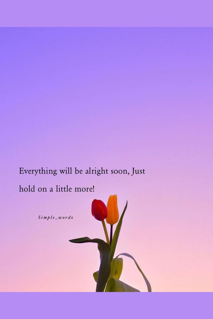 two tulips in front of a purple sky with a quote about everything will be alright soon, just hold on a little more