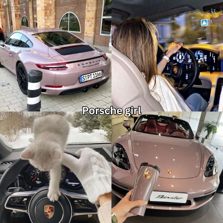 a woman driving a pink sports car with the caption porsche girl