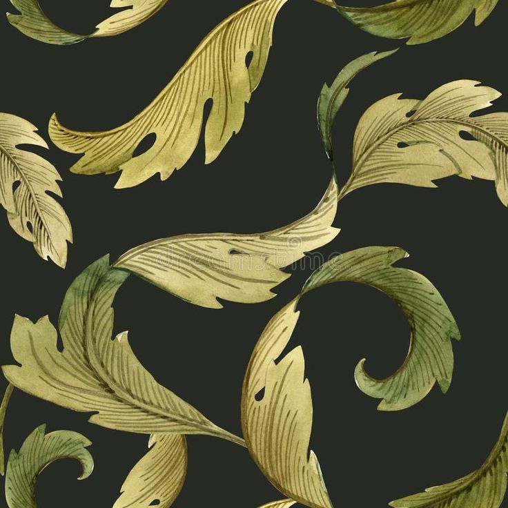 watercolor painting of leaves and swirls on a black background stock photo, royalty