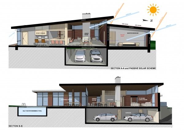 two drawings of the inside and outside of a house with cars parked in front of it