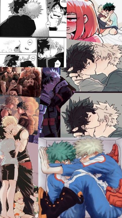 many different pictures of anime characters with their faces close to each other, and one has his arm around another person's head