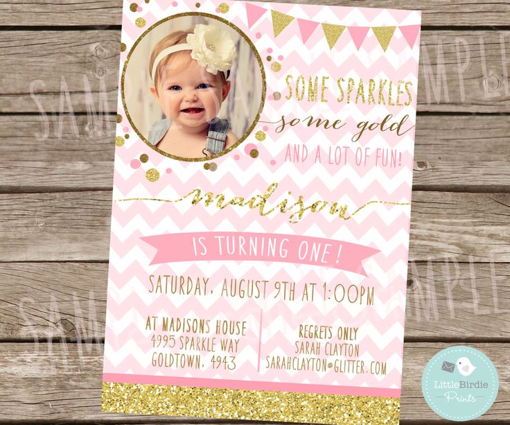 a pink and gold chevroned photo birthday party card with the words some sparkles are