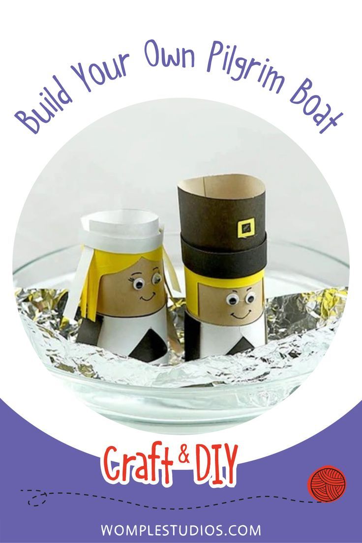 two paper dolls are sitting in a bowl with the words build your own pilgrim bott