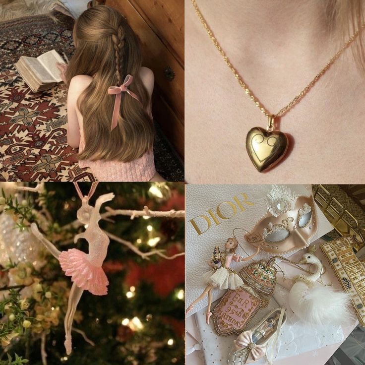 four different pictures with various items in the shape of heart and ballerinas on them