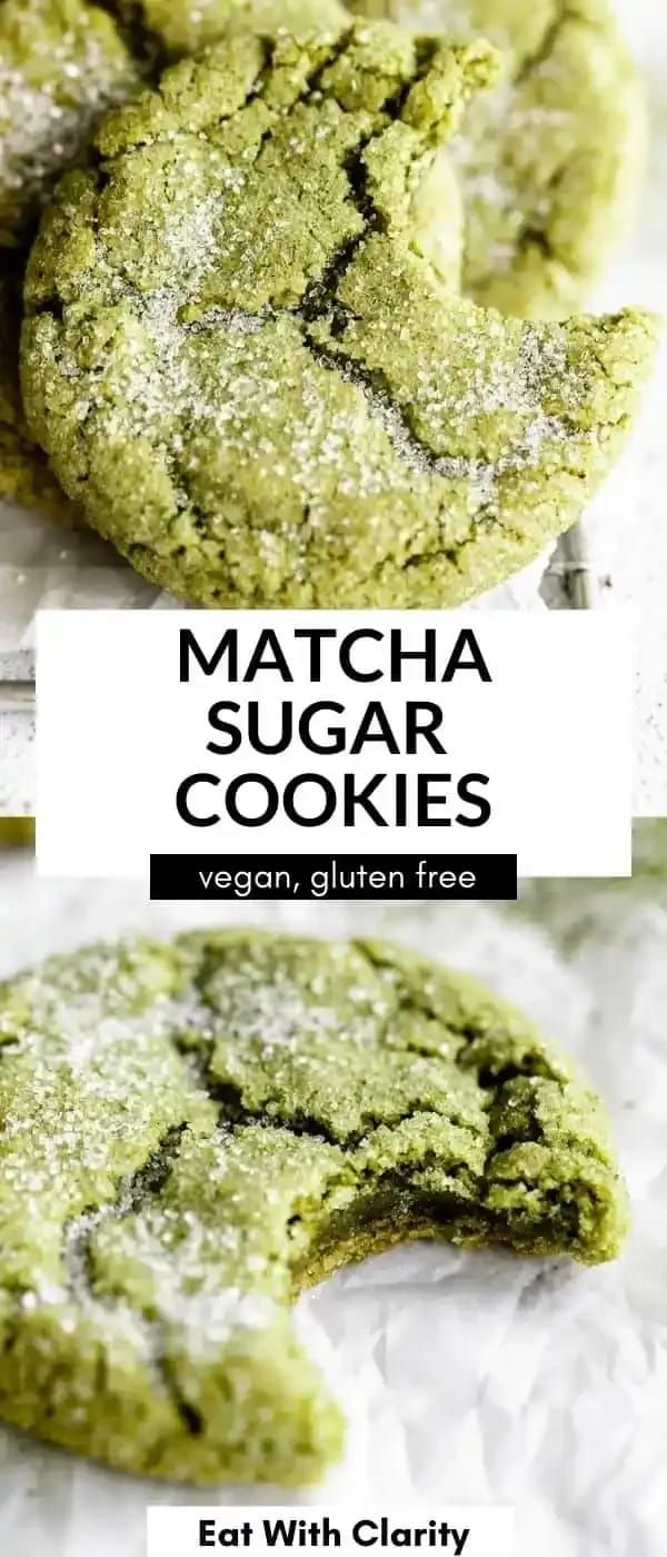 matcha sugar cookies with green frosting on top and the words, eat with clarify