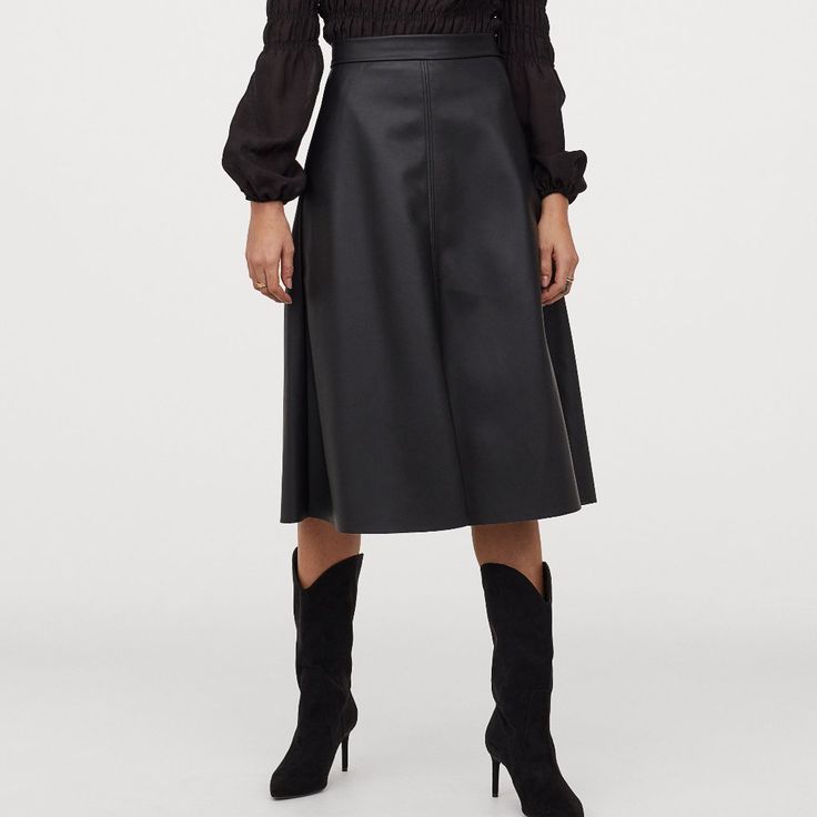 H&M Faux Leather Midi Skirt Size: 2 *Xs Listed For Exposure. Flared, Calf-Length Skirt In Faux Leather High Waist Concealed Side Zip With Snap Fasteners Visible Seams Front And Back Unlined Shell: Polyester 100% Coating: Polyurethane 100% Approximate Measurements: Waist: 12.5” Length: 29.5” Fall Party Midi Pencil Skirt, Evening Fall Pencil Skirt, Relaxed Fit Pencil Skirt For Fall Parties, Relaxed Pencil Skirt For Fall Party, Relaxed Fall Party Pencil Skirt, Relaxed Knee-length Leather Skirt, Chic Lined Pencil Skirt For Fall, Flared Skirt For Formal Fall Occasions, Fall Pencil Skirt For Night Out