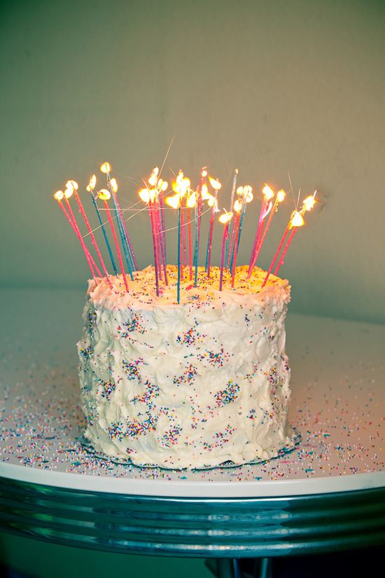 a birthday cake with lit candles on top