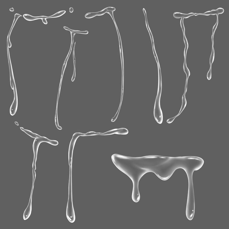 four different types of dripping liquid on a gray background