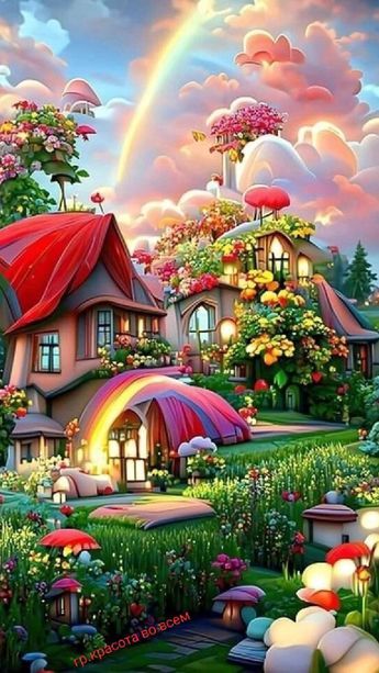 a house surrounded by flowers and trees with a rainbow in the sky above it,