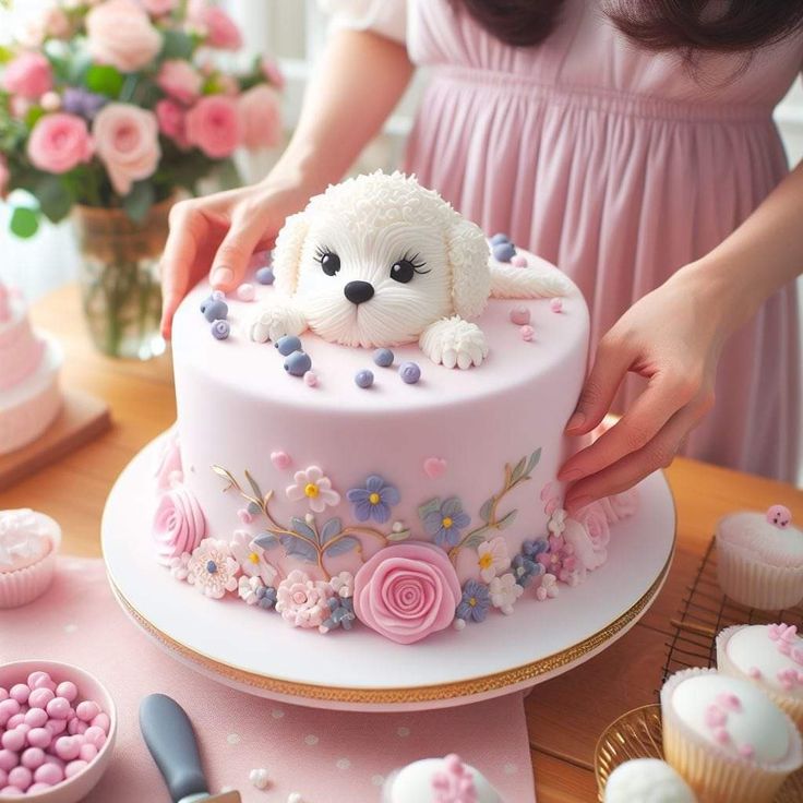 a woman is decorating a pink cake with white frosting and flowers on it