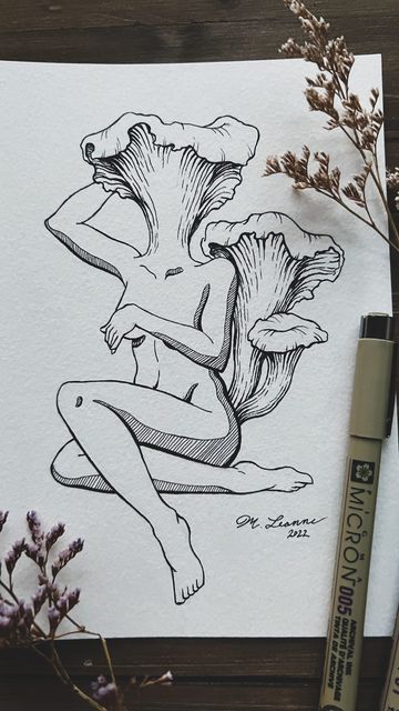 a drawing of a woman sitting on the ground next to some flowers and a pen