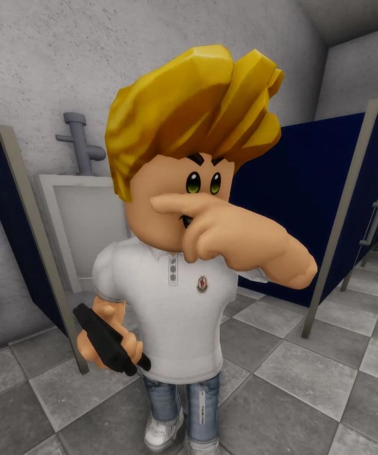 a cartoon character is pointing at something in the bathroom with his hand on his hip