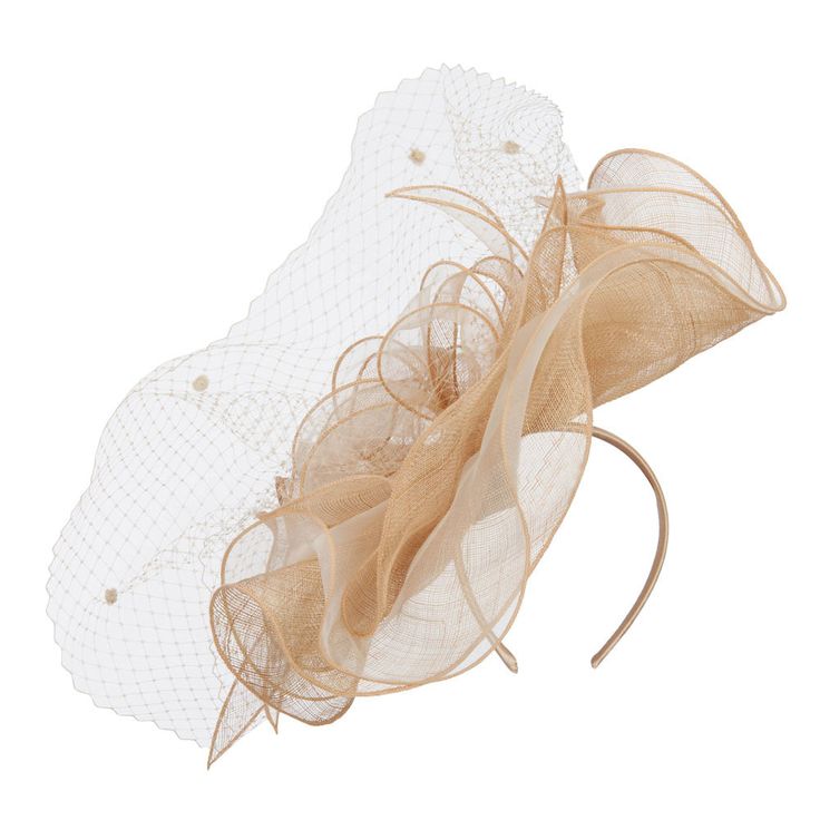 Flower Net Sinamay FascinatorMade of 100% sinamay.One size fits most women with a flexible headband, fitting up to XL.Adult/Woman.Headband measures 0.5 inches wide.Decoration measures around 16 x 16 inches.Hand wash only.Imported. Decorative headband fascinator for ladies' special outings.Headband is flexible.Headband is accented with a big flower on one side.Flower decoration is detailed with a net and pom poms.Our beautiful fascinator can be worn to weddings, garden outings, tea parties, costu Chic Fascinator Headband For Events, Chic Headband Fascinator For Events, Elegant Spring Fascinator With Matching Headband, Summer Party Tulle Headpiece, Summer Party Headpieces Made Of Tulle, Chic Summer Evening Hair Accessories, Elegant Summer Fascinator With Matching Headband, Adjustable Fascinator For Wedding Guests, Beige Headband Fascinator