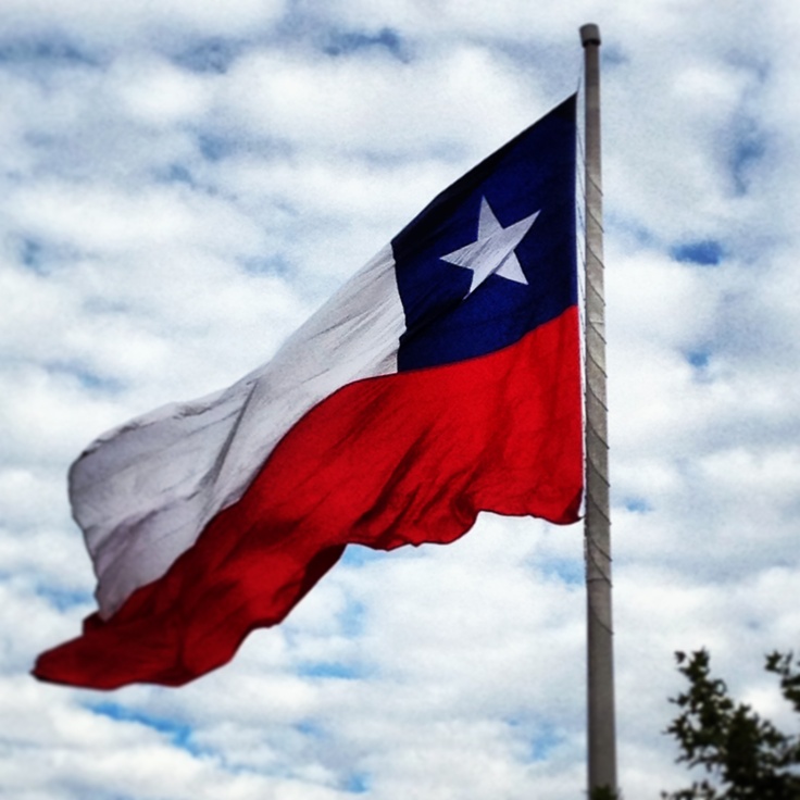 the texas flag is flying high in the sky