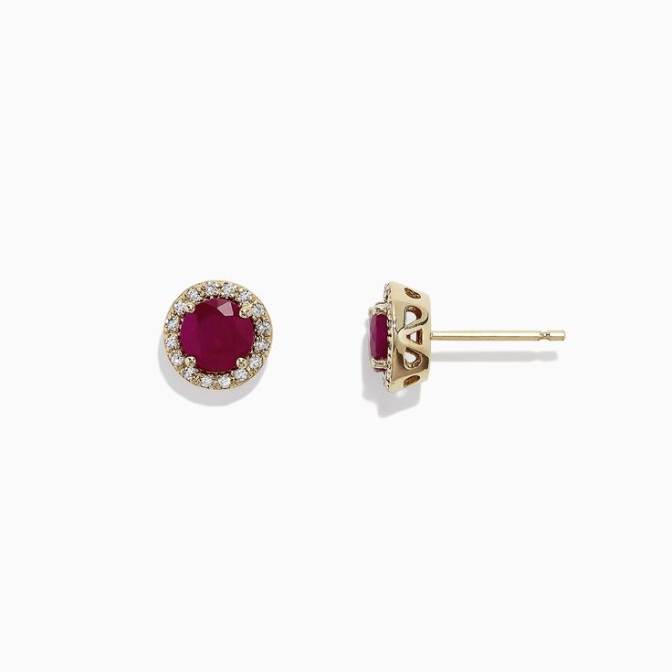 Effy Ruby Royale 14K Yellow Gold Ruby and Diamond Stud Earrings, 1.27 TCW 14k Yellow Gold Gemstone Earrings, 14k Yellow Gold Round Cluster Earrings, 14k Gold Halo Design Drop Earrings, Classic Ruby Earrings With Halo Design, Classic Ruby Halo Earrings, Classic Ruby Halo Design Earrings, Classic 14k Yellow Gold Cluster Earrings, Ruby Halo Setting Earrings In Fine Jewelry, Ruby Earrings With Halo Setting In Fine Jewelry