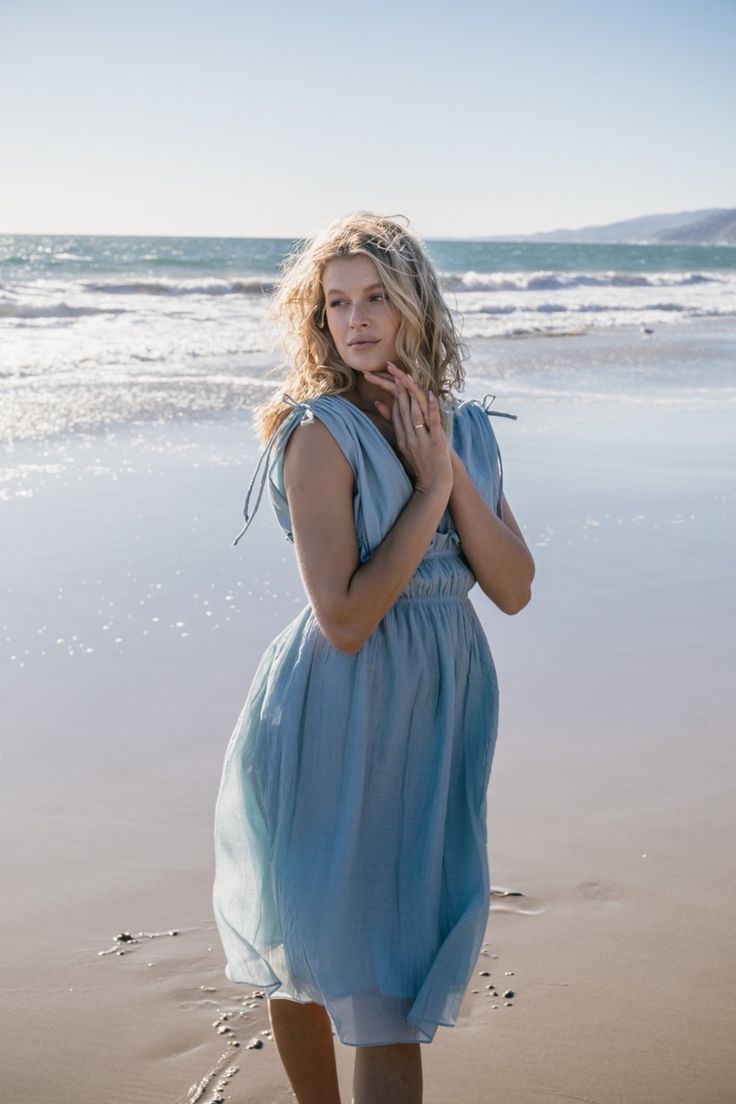 Summer Blue Nightgown, Light Blue Summer Nightgown, Blue Cotton Nightgown, Blue V-neck Nightgown For The Beach, Feminine V-neck Beach Nightgown, Sunny California, Goddess Dress, Cotton Voile, Blue Skies