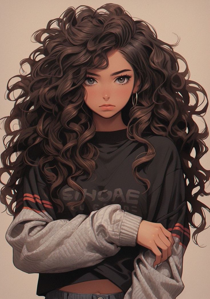 a painting of a girl with long curly hair wearing a black shirt and grey sweatpants