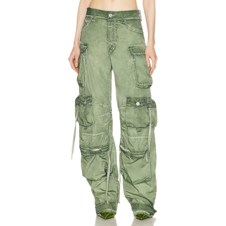 THE ATTICO Fern Long Pant in Military GreenSize 36IT // US XXSmallColor Wash Green Preloved **Fading and blemishes of color are part of these pants' style.**Please check measurements and brand size chart before purchasing.**Both sides of the pants had loose threads and were professionally repaired. Please take a look at pictures number 4 and 5.Approx. Measurements Inseam 34.5"Waist 14.5"Hips 17.5"Rise 11"Website DetailsSelf: 100% polyesterLining: 100% cotton. Made in Italy. Hand wash. Zip fly wi Green Wide Leg Cargo Pants With Five Pockets, Green Wide Leg Jeans With Belt Loops, Green Wide Leg Pants With Five Pockets, Green Cargo Pants For Spring, Green Straight Leg Parachute Pants With Belt Loops, Green High Waist Pants With Five Pockets, High Waist Green Pants With Five Pockets, High-waisted Green Pants With Five Pockets, Fitted Wide Leg Pants With Cargo Pockets