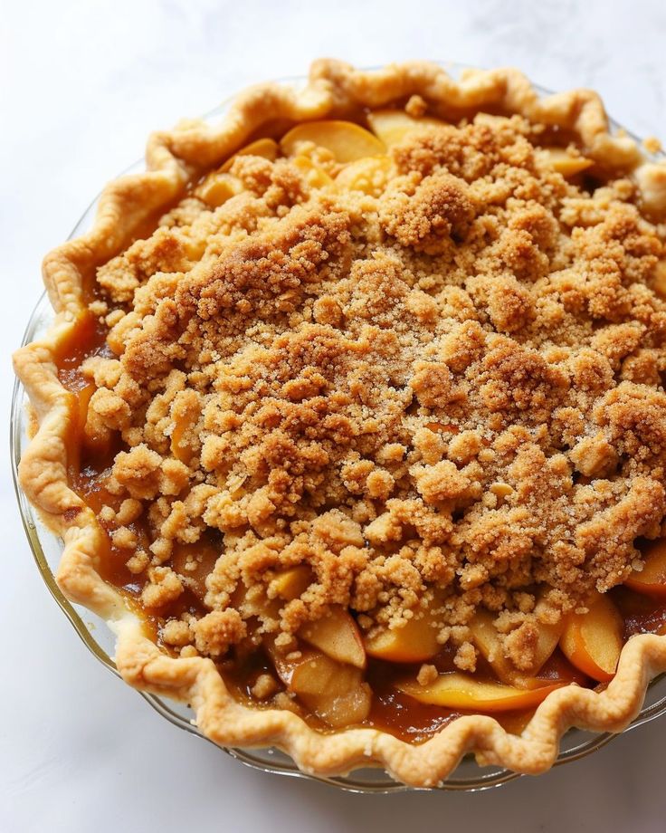 an apple pie with crumbled crust in a glass dish on a white table