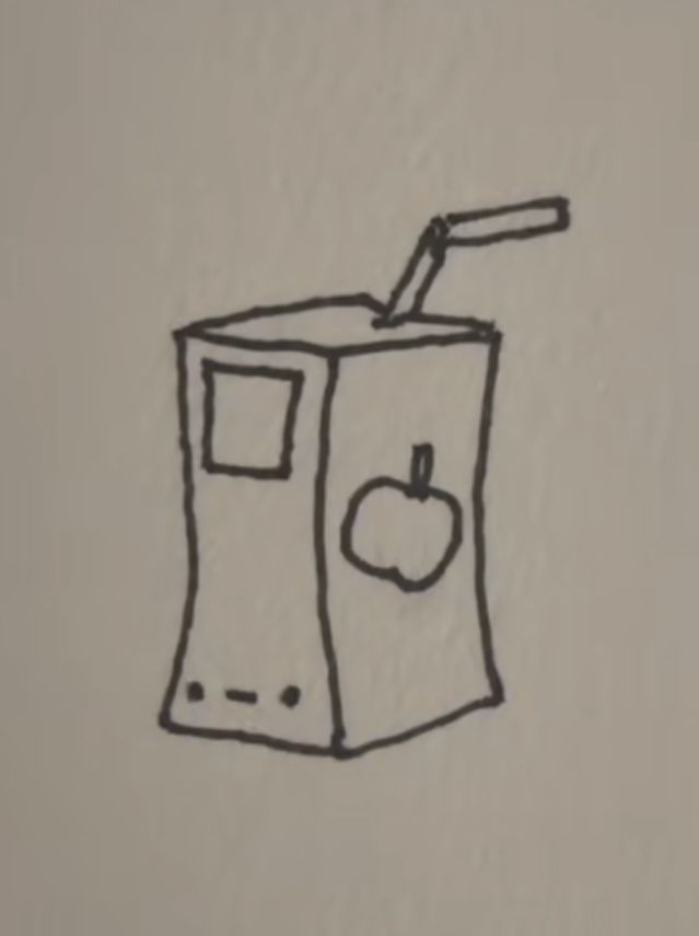 a drawing of an apple juice box with a straw sticking out of it's side