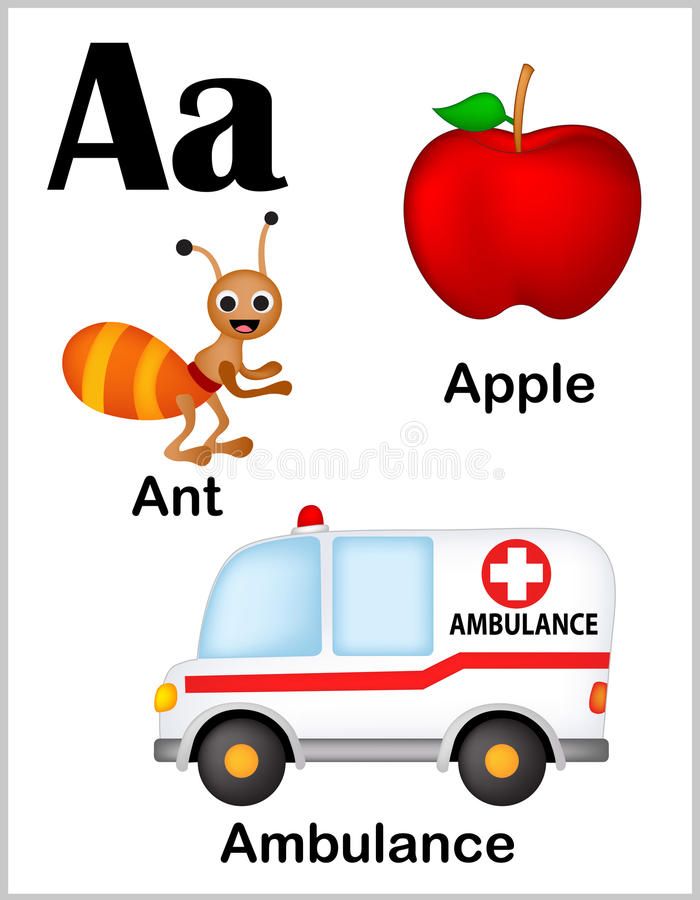 an ambulance, an apple and an ant on a white background with the words in english